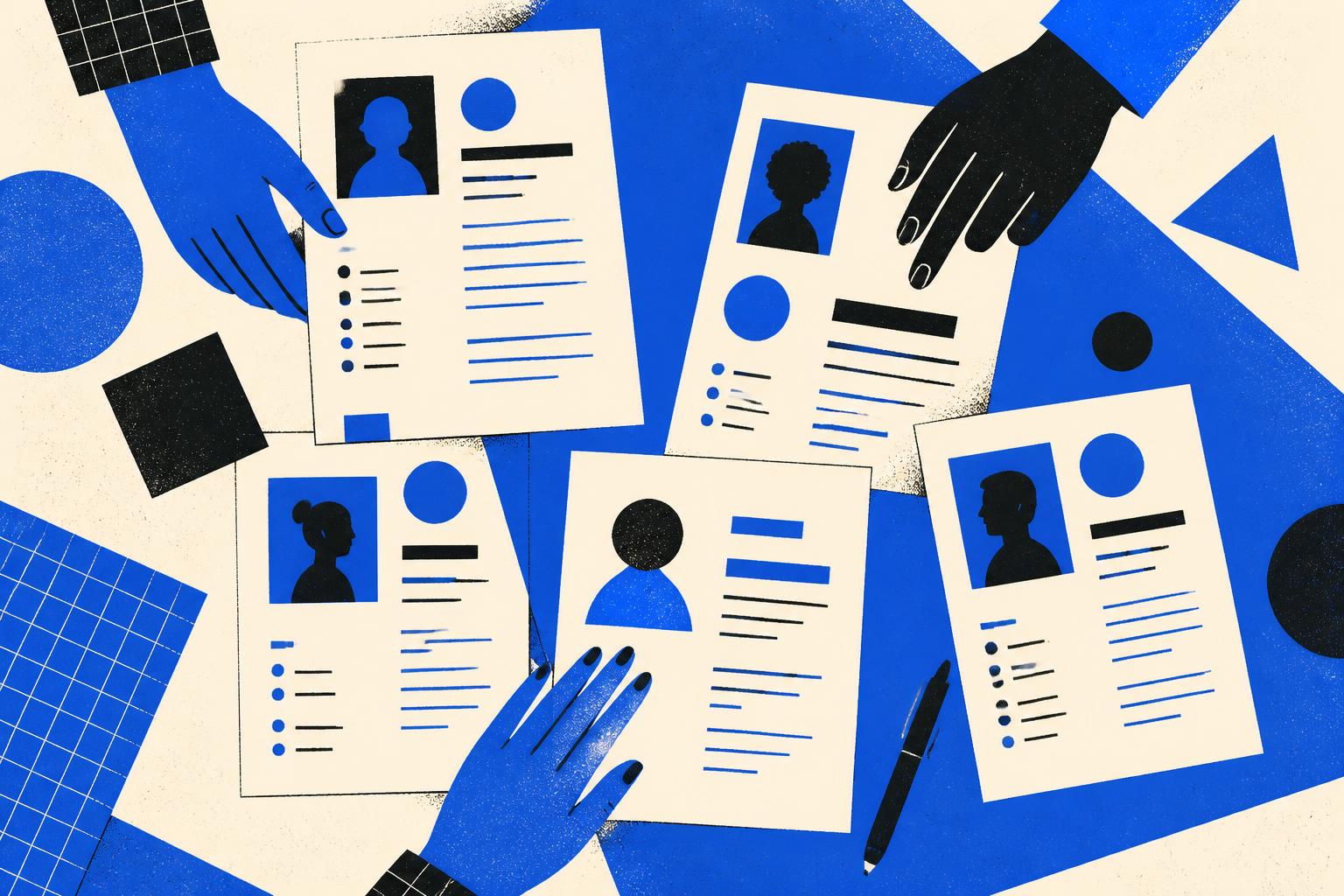 Hands arranging resume skills pages on table