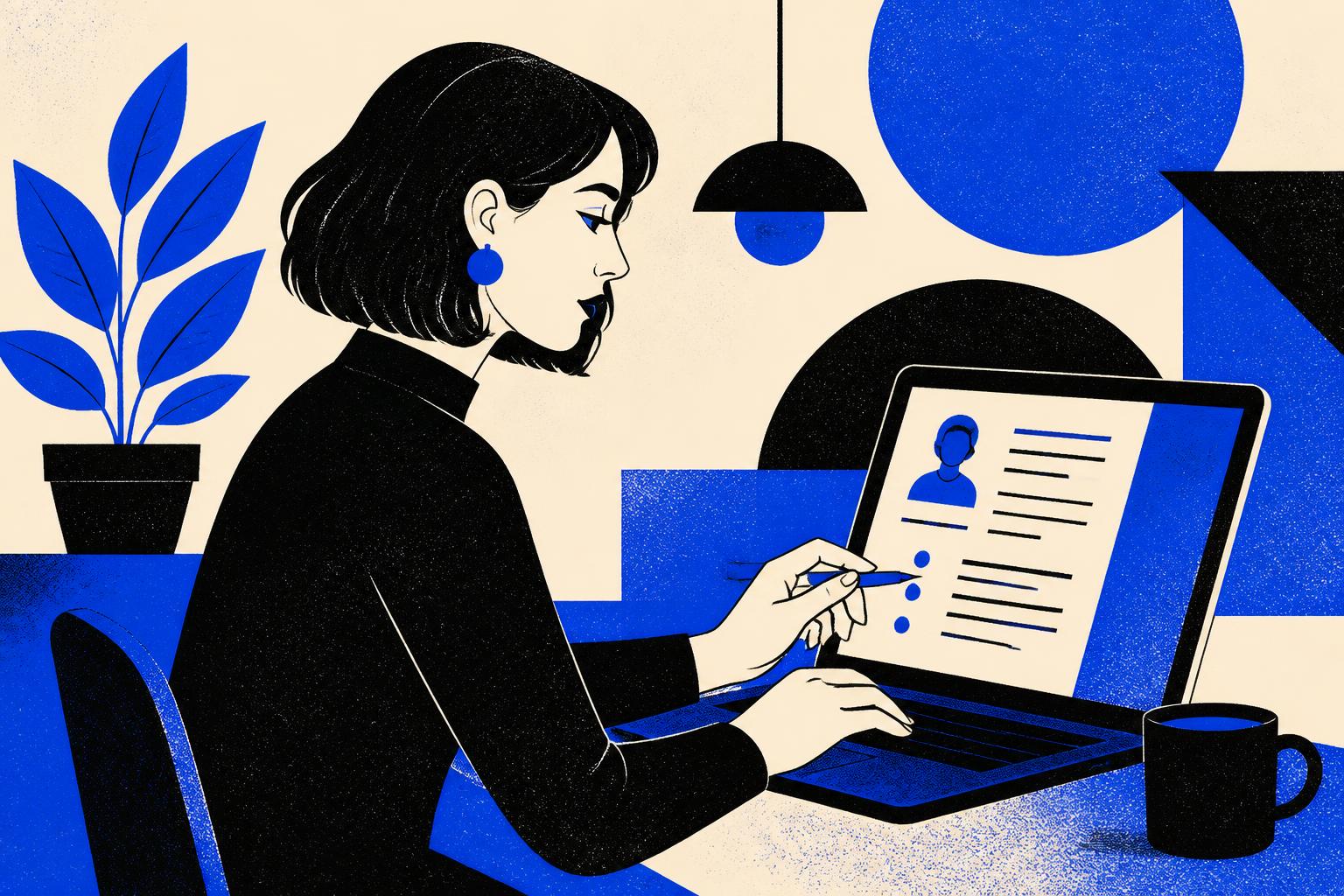 Professional woman editing resume skills on laptop