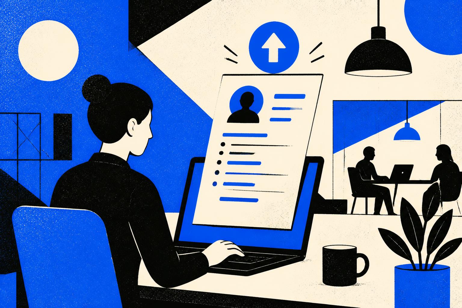 Man exporting resume on laptop in coworking space